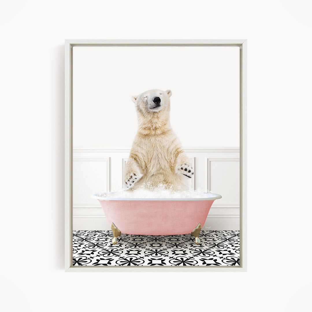 A polar bear standing in a pink bathtub filled with water, surrounded by a black and white patterned floor.