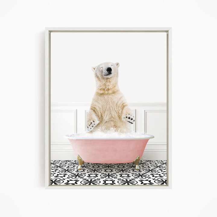 A polar bear standing in a pink bathtub filled with water, surrounded by a black and white patterned floor.