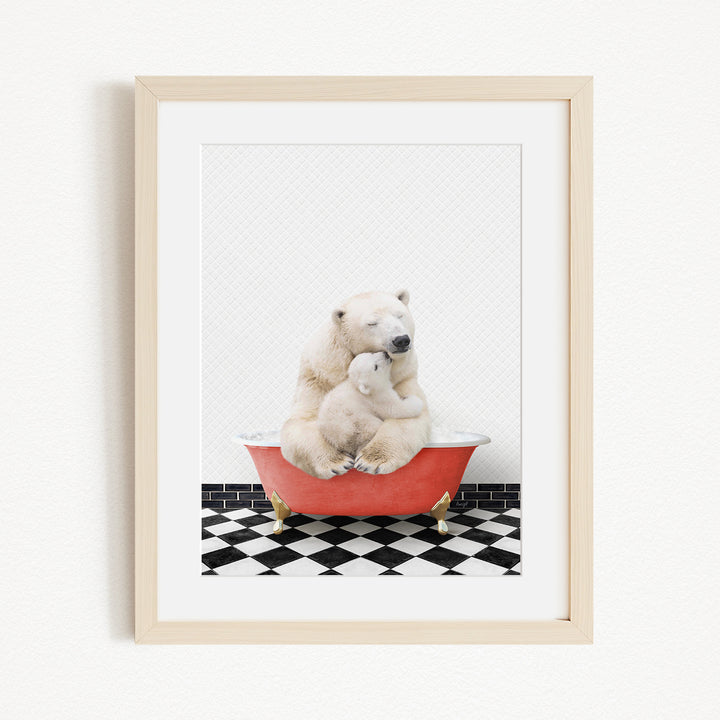 A polar bear and its cub are sitting together in a red bathtub, with the bear's head resting on the cub's back.