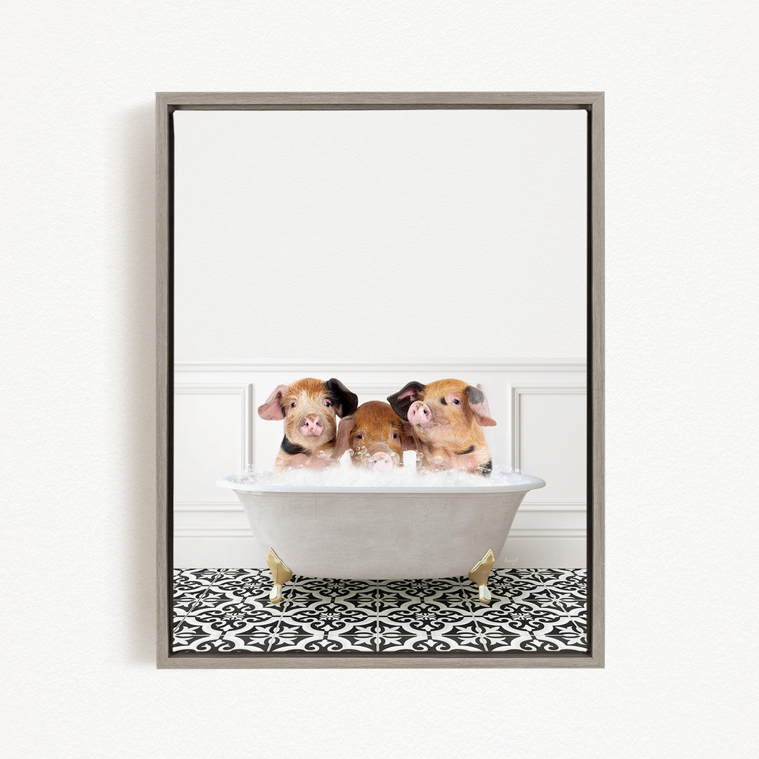 Three adorable pigs sitting in a white bathtub, enjoying a relaxing bath.