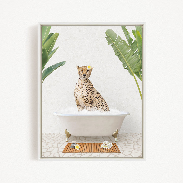A cheetah sitting in a white bathtub filled with water, surrounded by tropical plants and flowers.