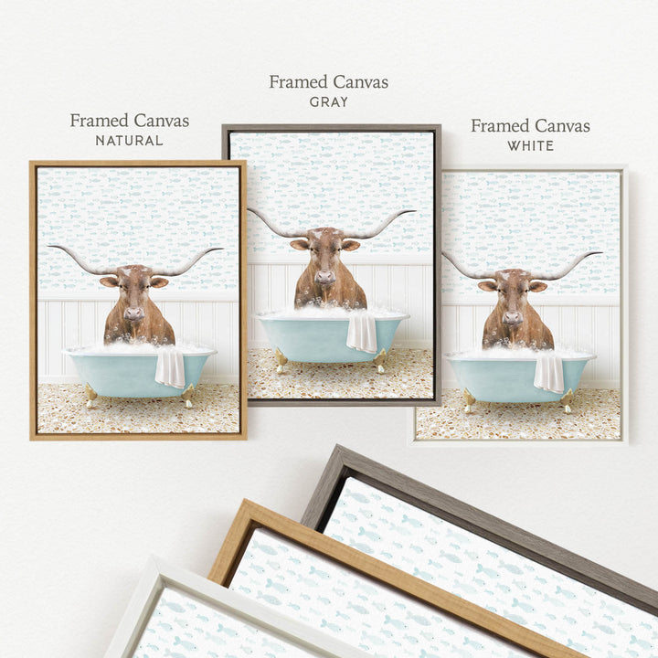 three framed pictures of a brown cow sitting in a blue bathtub, each with a different frame color: natural, gray, and white.