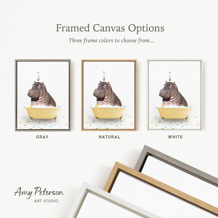 three framed canvas options featuring a hippopotamus sitting in a bathtub, each with a different frame color: gray, natural, and white.