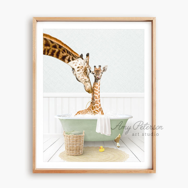 two giraffes in a bathroom with a bathtub