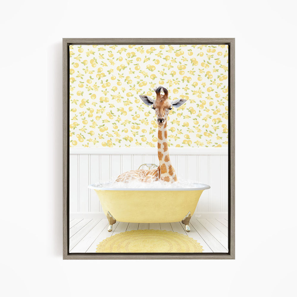 A giraffe is sitting in a yellow bathtub filled with water, surrounded by a yellow and white floral patterned wall.