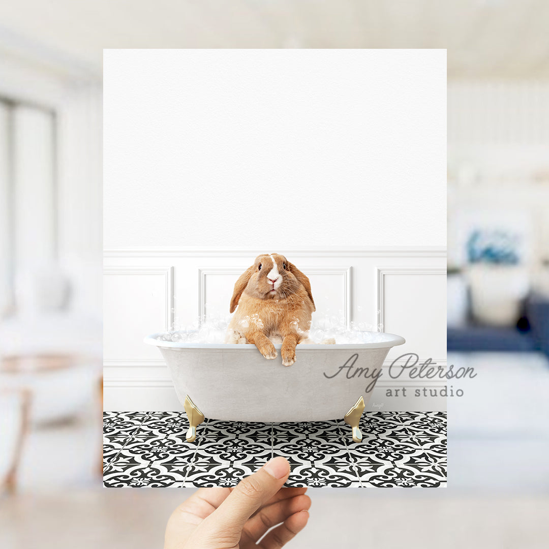 a person holding up a card with a picture of a rabbit in a bathtub