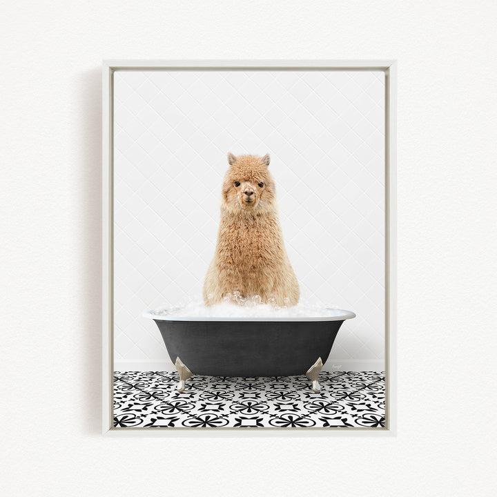 A fluffy brown alpaca sitting in a black bathtub filled with bubbles, surrounded by a black and white patterned floor.