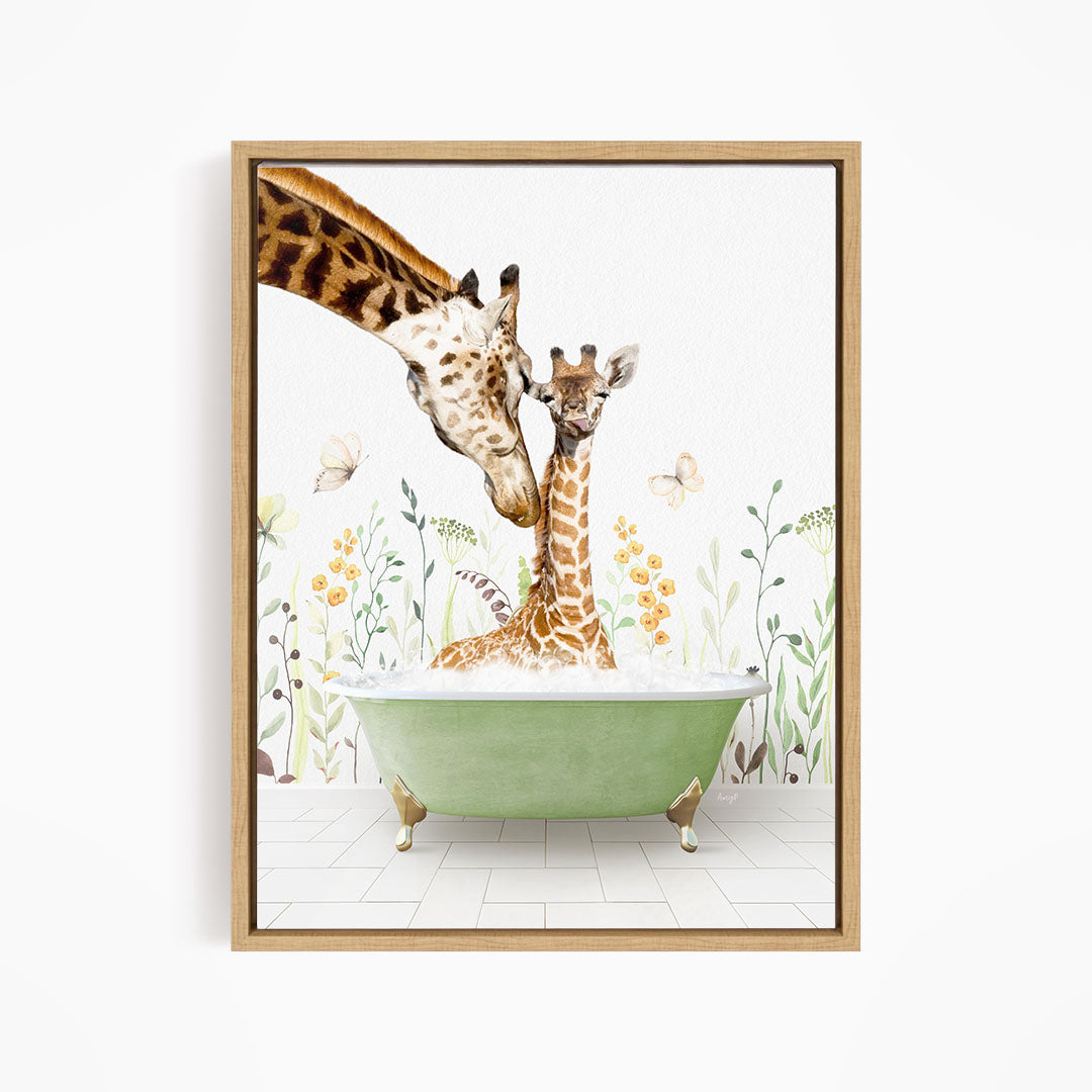 A mother giraffe and her baby giraffe are sitting in a green bathtub filled with water, surrounded by flowers and butterflies.