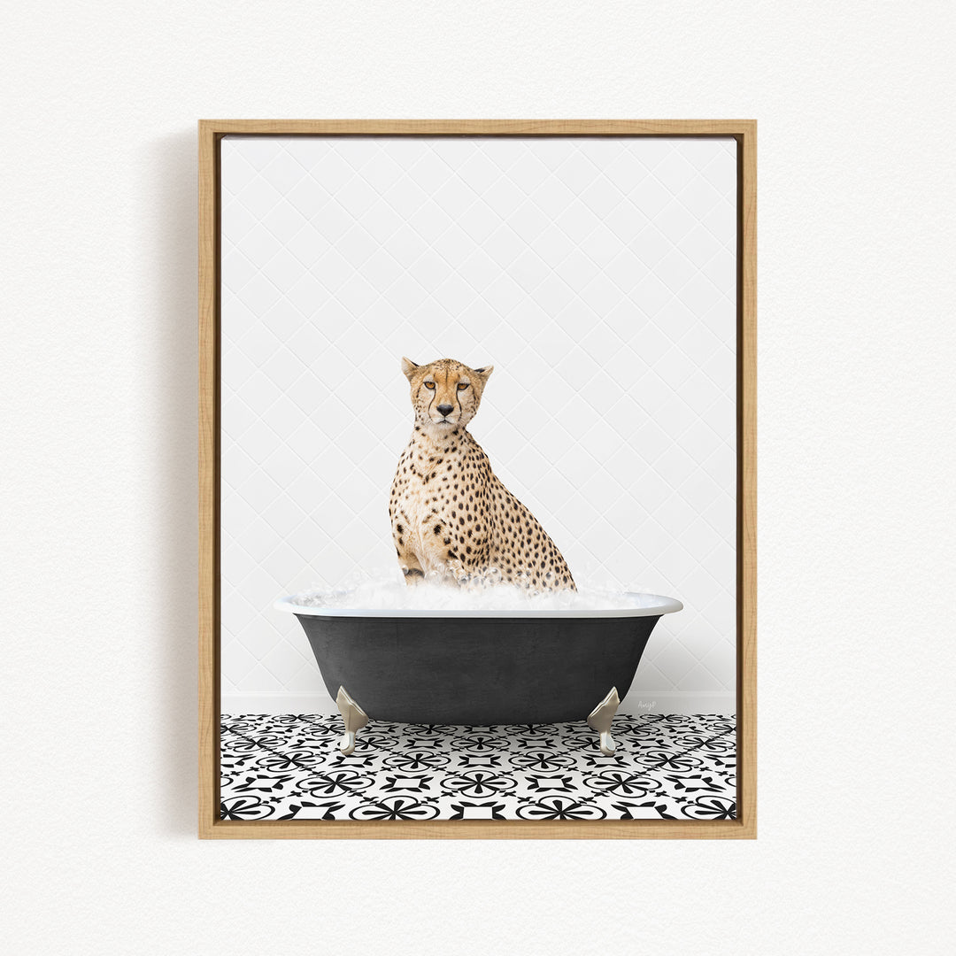 A cheetah sitting in a bathtub filled with water, surrounded by a black and white patterned floor.