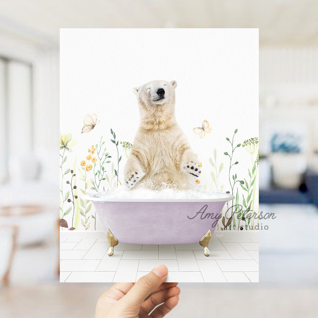 a polar bear is sitting in a bathtub