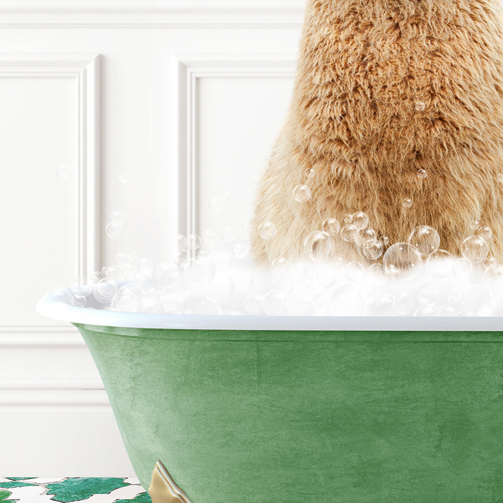 a dog sitting in a bathtub full of bubbles