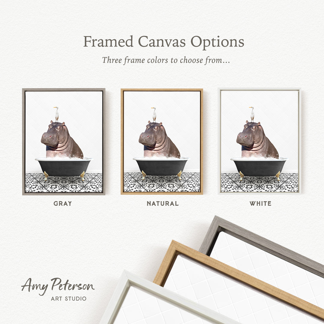 three framed canvas options, each featuring a different color: gray, natural, and white. The text above the images reads " Framed Canvas Options" and "Three frame colors to choose from...". The bottom of the image includes the text " Amy Peterson ART STUDIO".