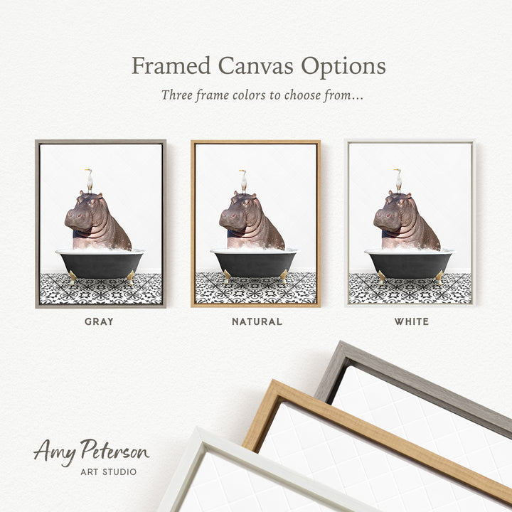 three framed canvas options, each featuring a different color: gray, natural, and white. The text above the images reads " Framed Canvas Options" and "Three frame colors to choose from...". The bottom of the image includes the text " Amy Peterson ART STUDIO".