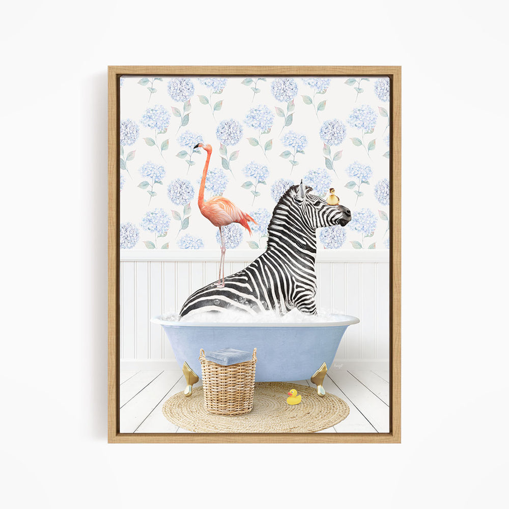 A zebra is sitting in a blue bathtub, surrounded by a pink flamingo and a basket of rubber ducks, against a backdrop of blue hydrangea flowers.