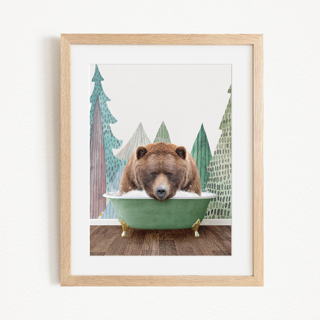 A brown bear is sitting in a green bathtub, surrounded by a forest scene with trees and a white background.