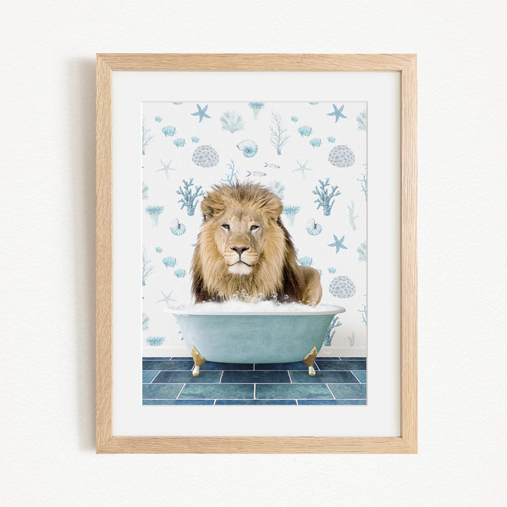 A lion sitting in a bathtub filled with bubbles, surrounded by a blue and white patterned background.