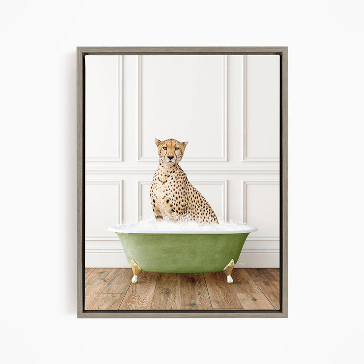 A cheetah sitting in a green bathtub filled with water, with a white wall and wooden floor in the background.