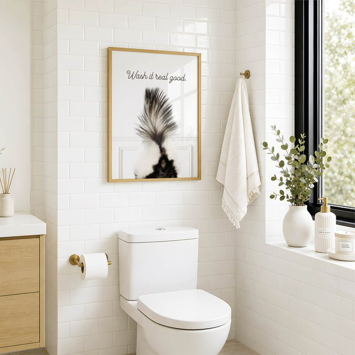 A modern bathroom with a white toilet, a framed poster of a skunk, and a window with greenery.