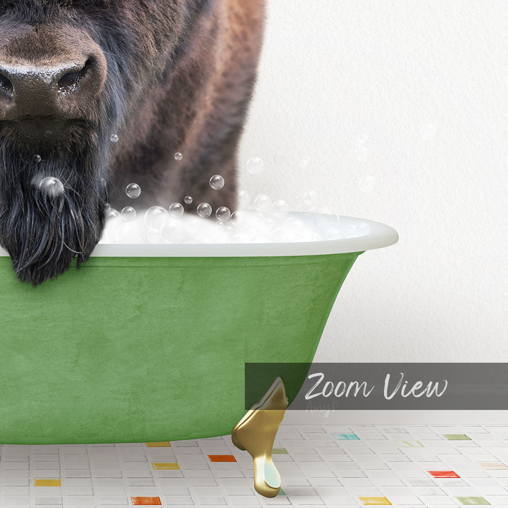 A close-up of a dog's face peeking over the edge of a green bathtub filled with bubbles, with a text overlay that reads "Zoom View".
