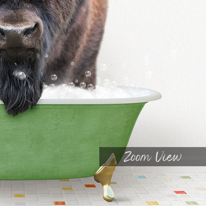 A close-up of a dog's face peeking over the edge of a green bathtub filled with bubbles, with a text overlay that reads "Zoom View".