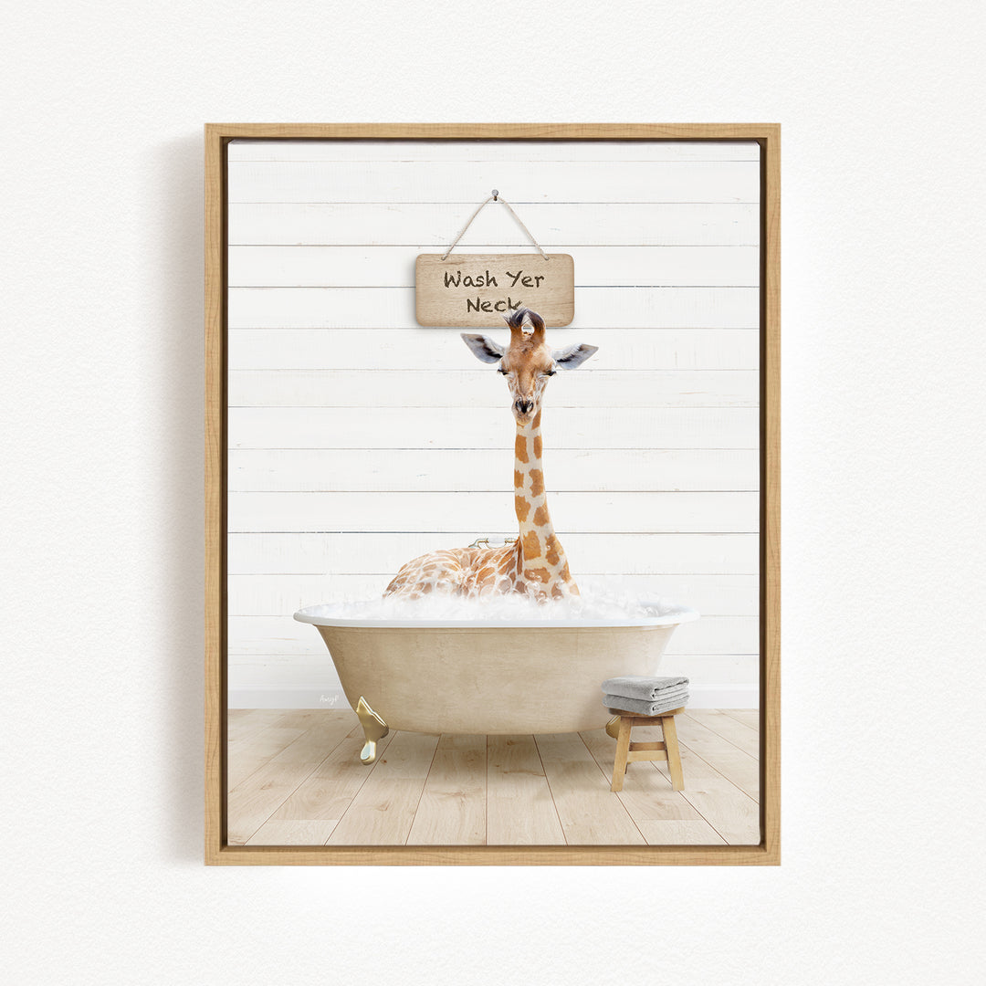 A giraffe sitting in a bathtub, with a sign above it that says "Wash Your Neck".