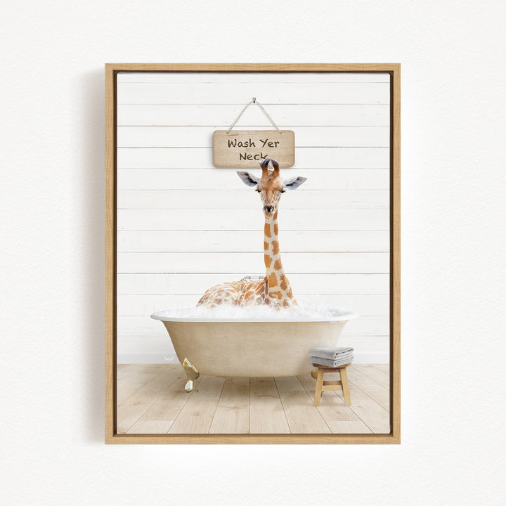 A giraffe sitting in a bathtub, with a sign above it that says "Wash Your Neck".