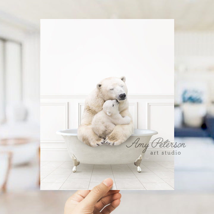 a polar bear sitting on top of a bath tub