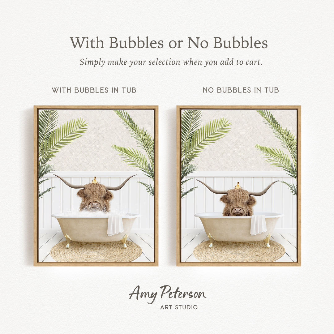 The image is a collage of two framed pictures, each featuring a bull with horns sitting in a bathtub. The bull in the tub has bubbles, while the bull in the tub does not have bubbles. The collage is titled "With Bubbles or No Bubbles" and is created by Amy Peterson from Art Studio.