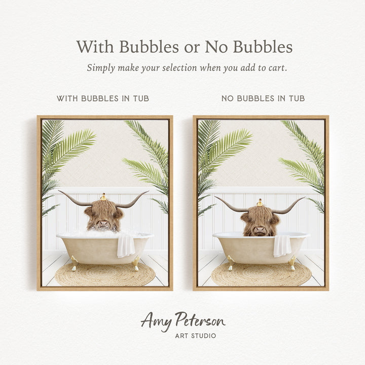 The image is a collage of two framed pictures, each featuring a bull with horns sitting in a bathtub. The bull in the tub has bubbles, while the bull in the tub does not have bubbles. The collage is titled "With Bubbles or No Bubbles" and is created by Amy Peterson from Art Studio.