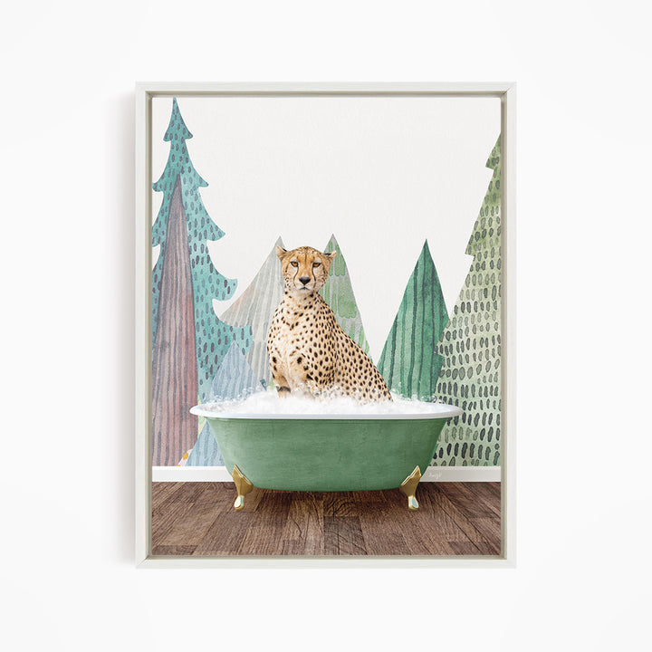A cheetah is sitting in a green bathtub, surrounded by trees with green and brown foliage.