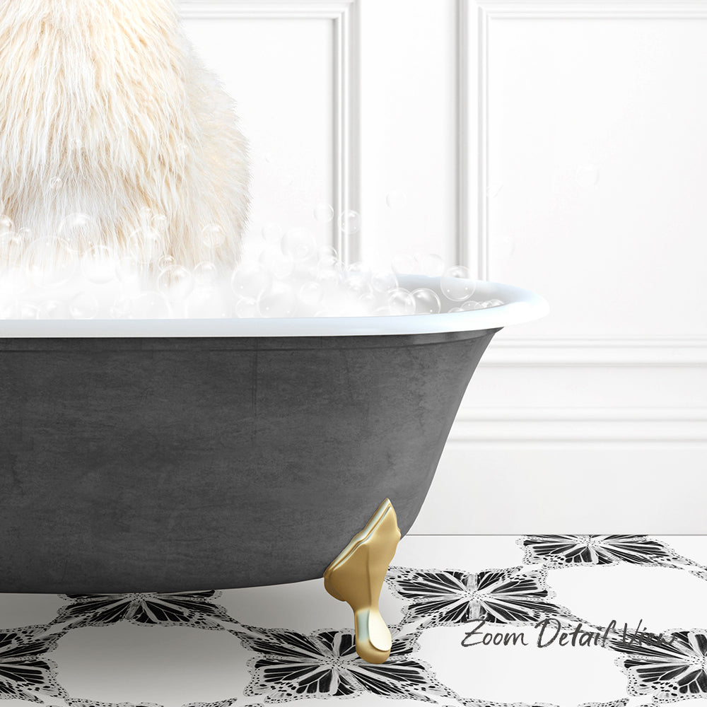 A fluffy white cat is sitting in a bathtub filled with bubbles, with a gold claw-like object on the floor.