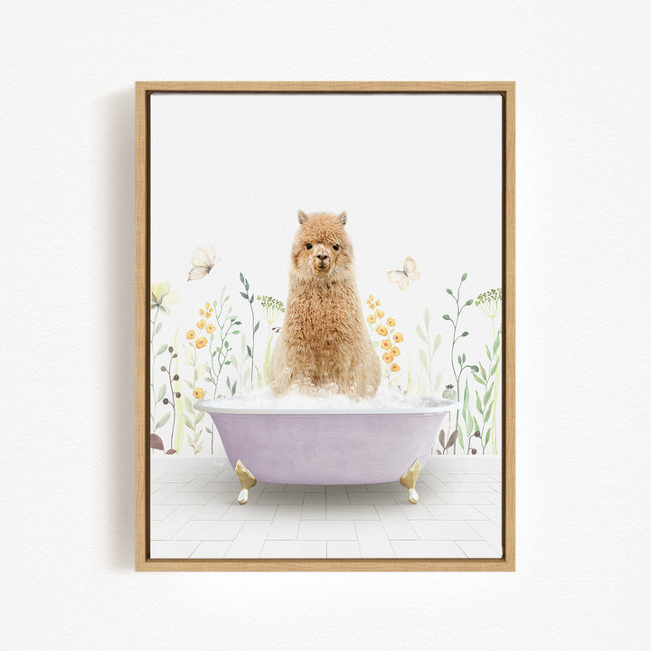 A fluffy brown dog sitting in a purple bathtub filled with bubbles, surrounded by flowers and butterflies.