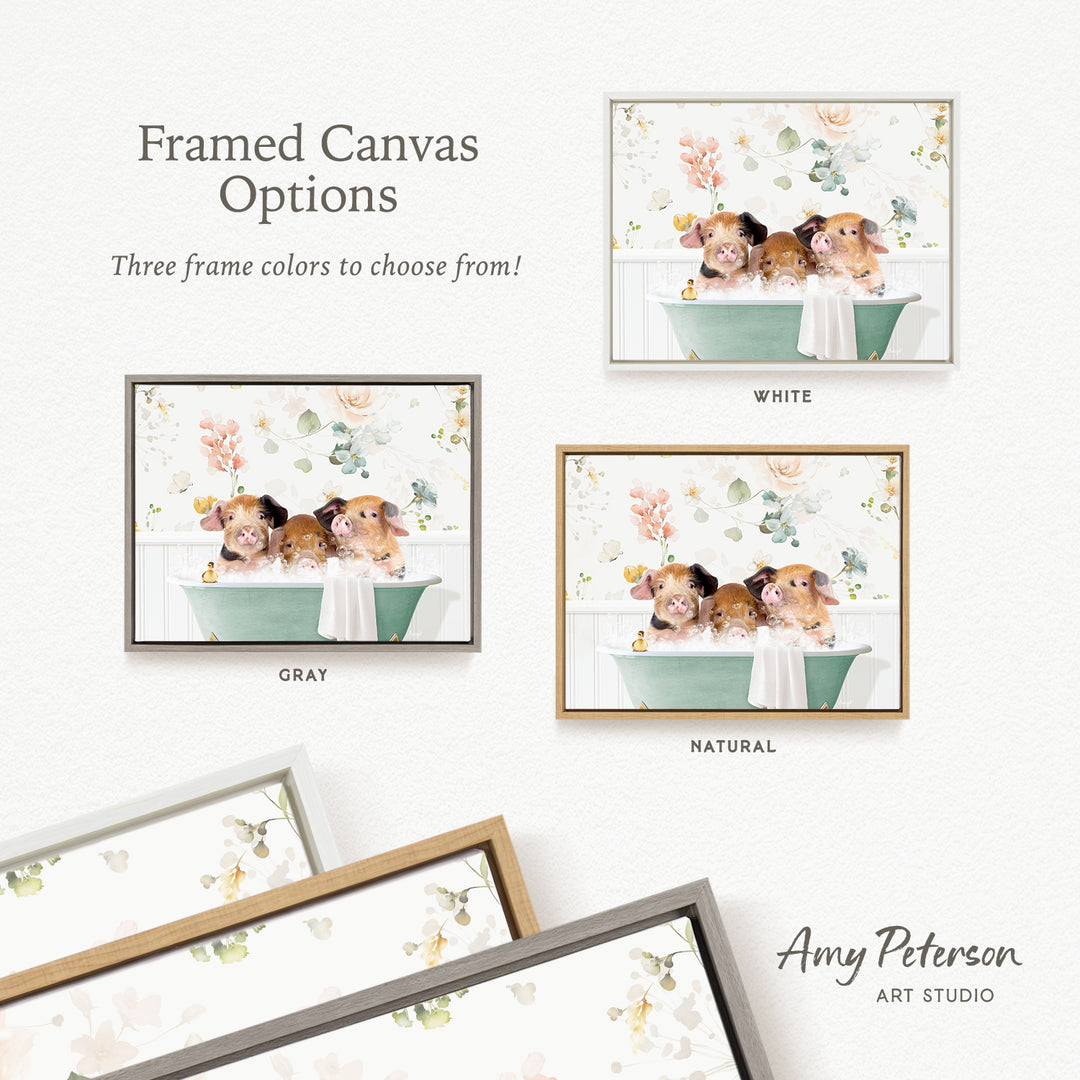 The image is a framed canvas with three different options for frame colors: white, gray, and natural. The canvas features illustrations of dogs sitting in a bathtub, with each frame having a different color.