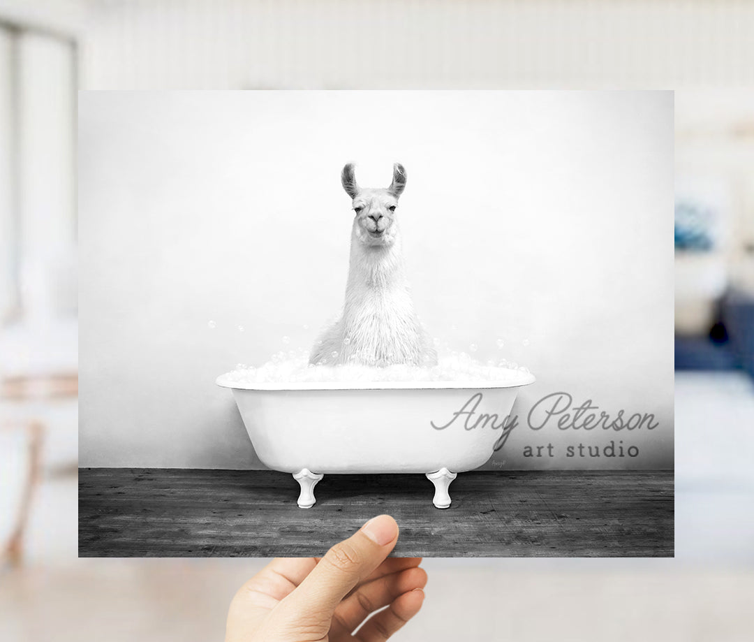 a person holding up a picture of a llama in a bathtub