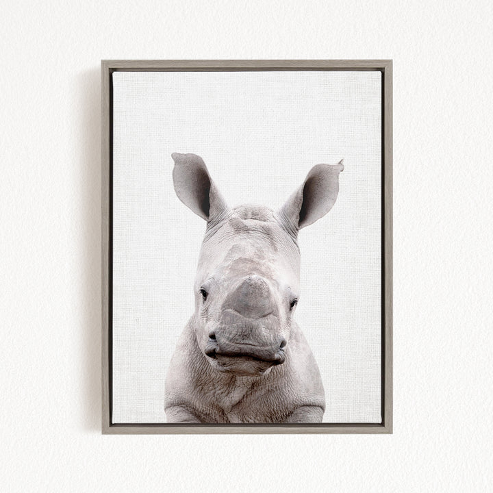 A close-up portrait of a rhinoceros, with its distinctive horn-like features prominently displayed against a plain white background.