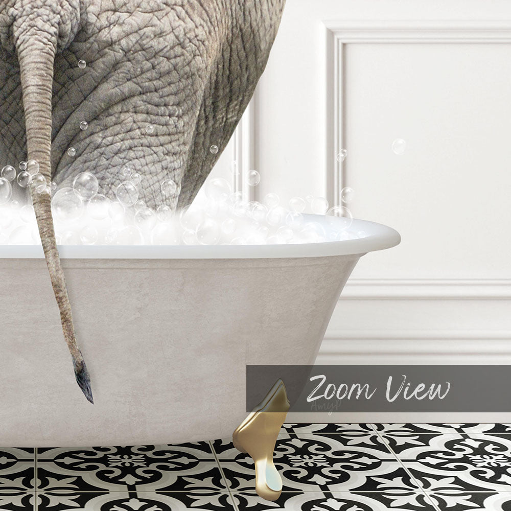 A large elephant is standing in a bathtub filled with bubbles, with its tail hanging over the edge.