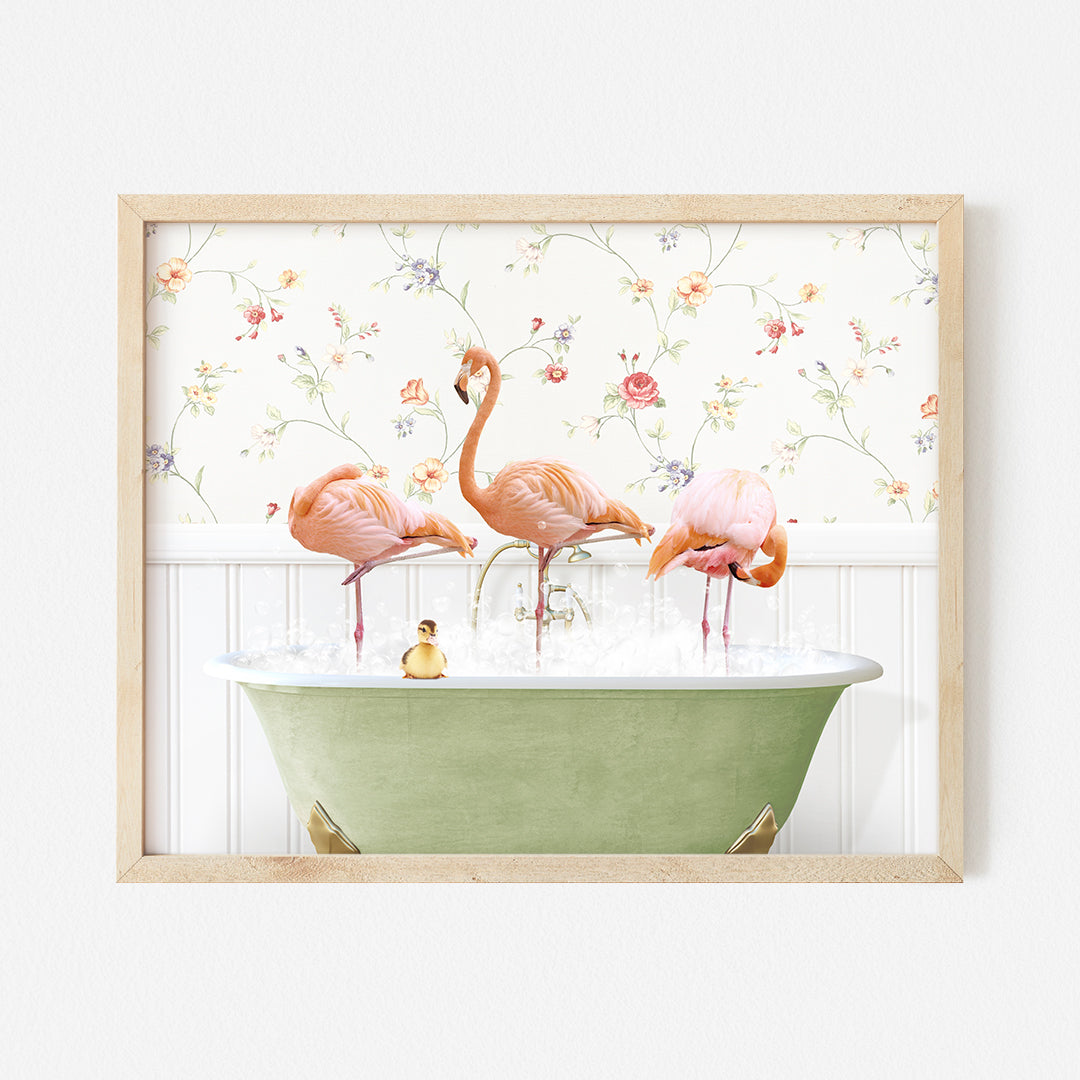 three flamingos in a bathtub with flowers on the wall