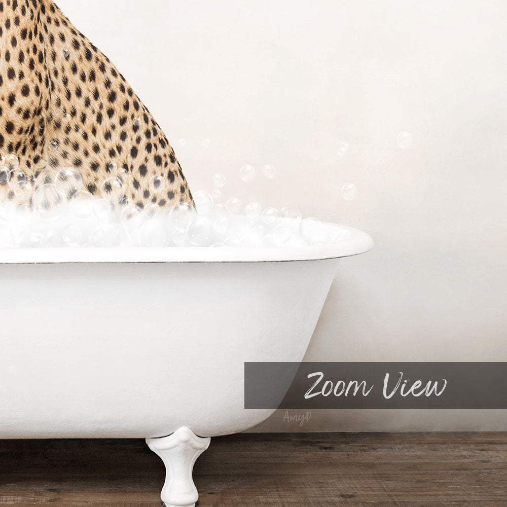 A leopard print bath mat is placed on a white bathtub, with bubbles surrounding it.