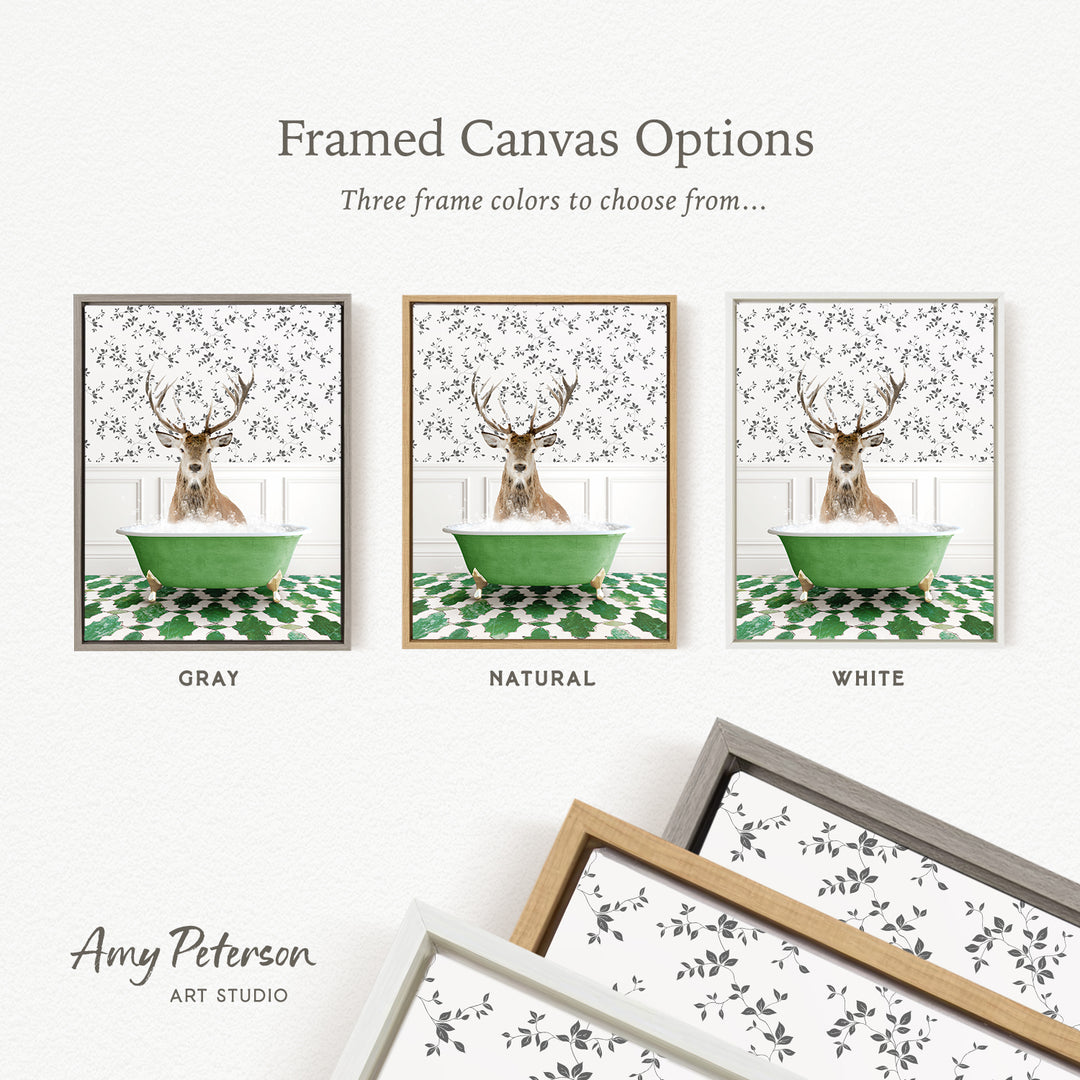 three framed canvas options featuring a deer in a bathtub, each with a different frame color: gray, natural, and white.