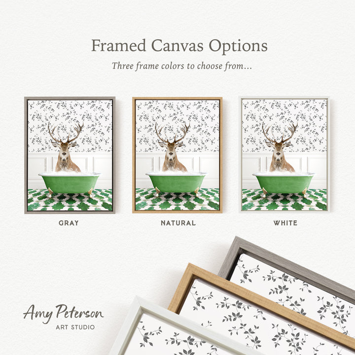 three framed canvas options featuring a deer in a bathtub, each with a different frame color: gray, natural, and white.