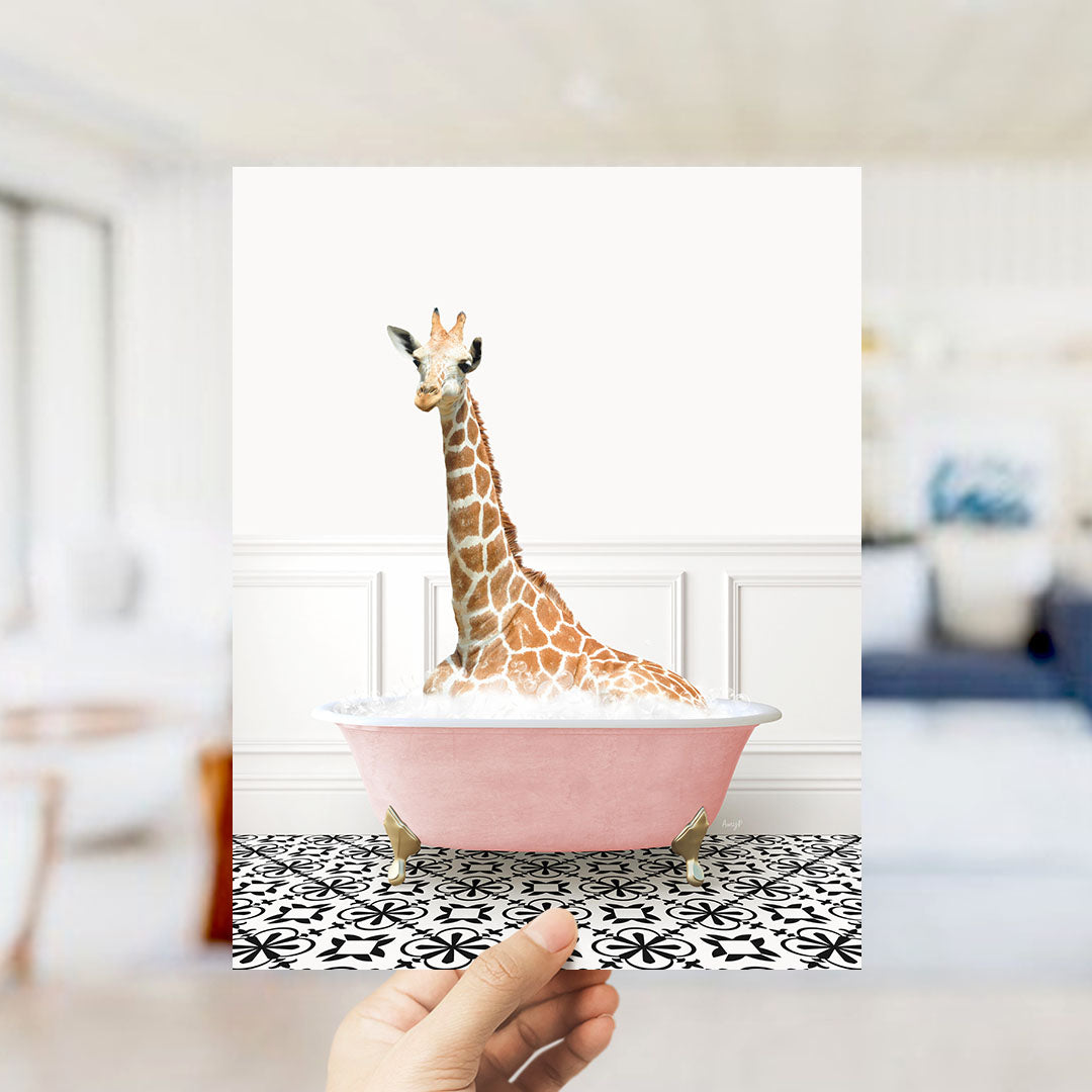A giraffe sitting in a pink bathtub filled with bubbles, creating a whimsical and playful scene.