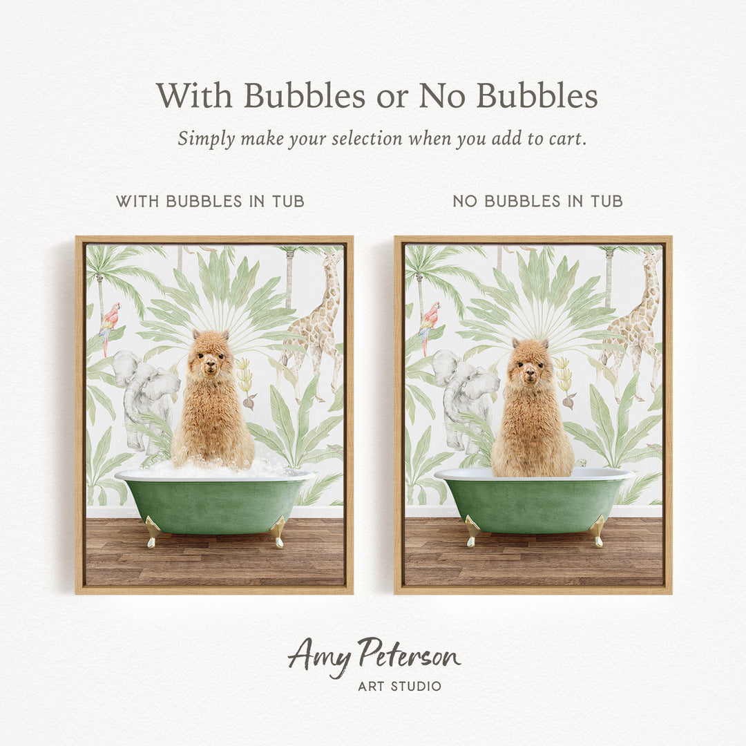 The image is a collage of two pictures, each featuring a dog sitting in a bathtub. The dog appears to be a poodle, and the bathtub is green. The collage includes a text overlay that provides instructions for selecting the desired bathtub, either with bubbles or without bubbles.