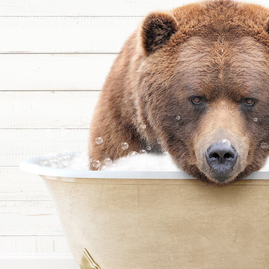 a brown bear is taking a bath in a bathtub