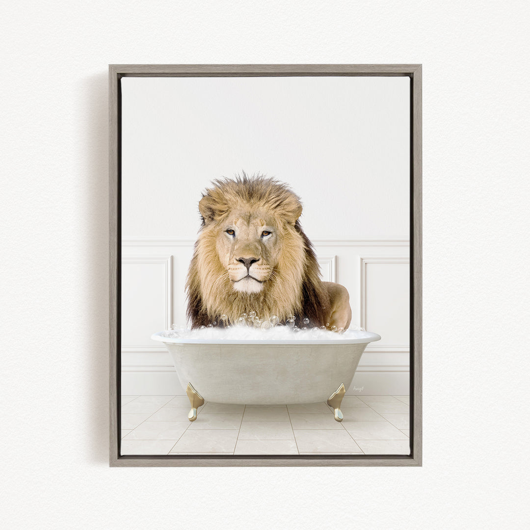A lion sitting in a bathtub filled with water, surrounded by a white background.
