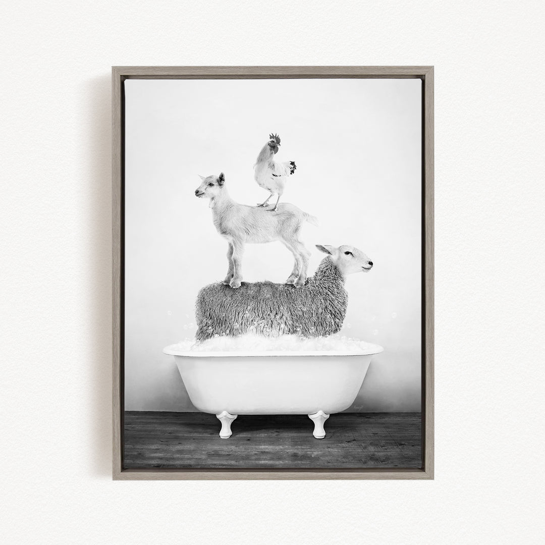 A black and white image depicting a goat standing on top of a sheep in a bathtub, with a rooster perched on the sheep's back.