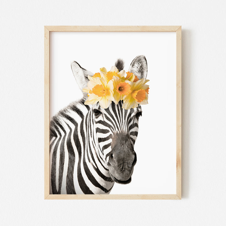 a picture of a zebra with flowers on its head