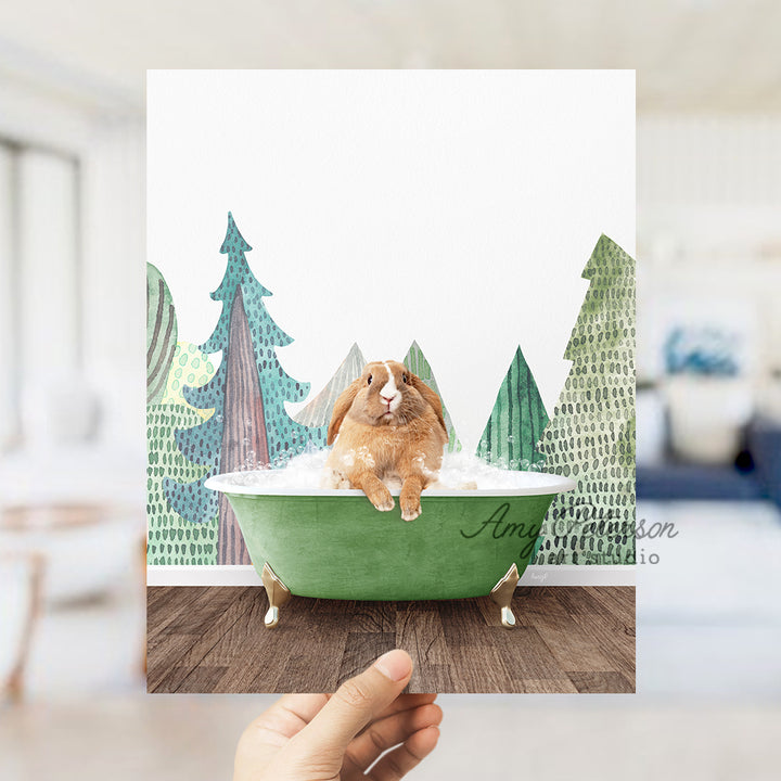 a person holding up a card with a picture of a rabbit in a bathtub