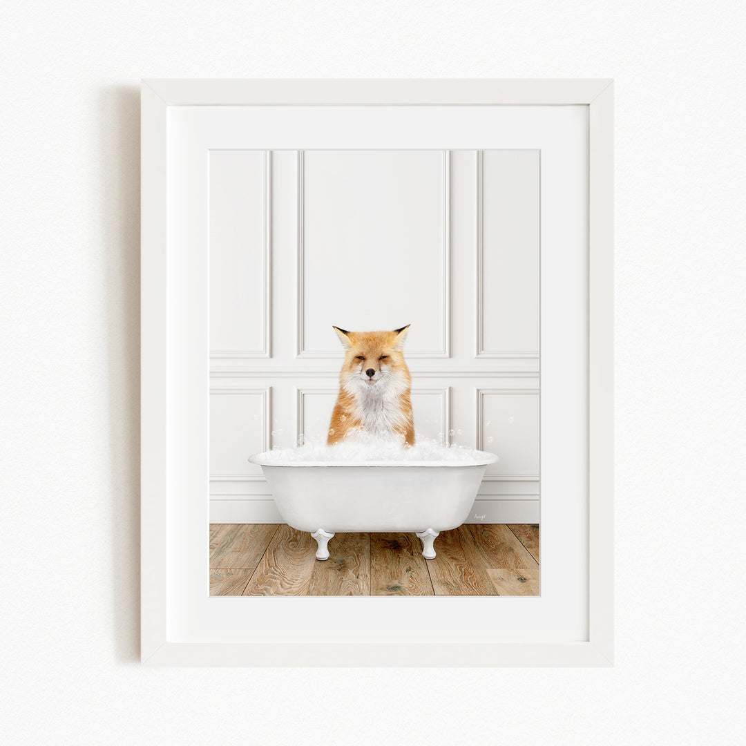 A red fox is sitting in a white bathtub filled with water, creating a whimsical and playful scene.