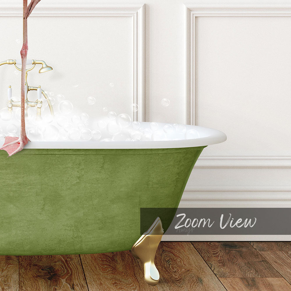 A green claw-foot bathtub filled with bubbles, with a gold claw-foot bathtub stand placed on a wooden floor.