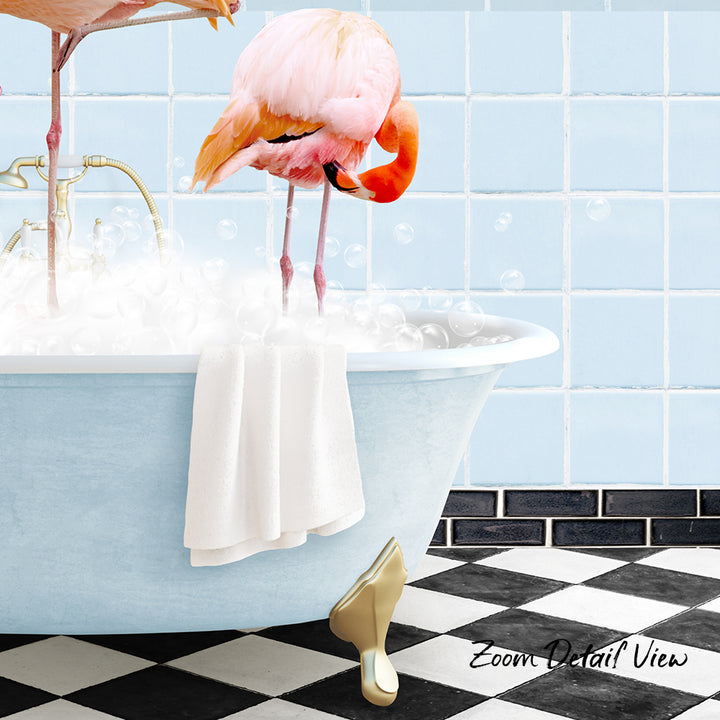 A pink flamingo stands in a blue bathtub filled with bubbles, with a towel hanging on the side and a checkered black and white floor in the background.